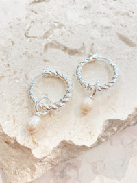 Twist Pearl Silver Hoop Earrings