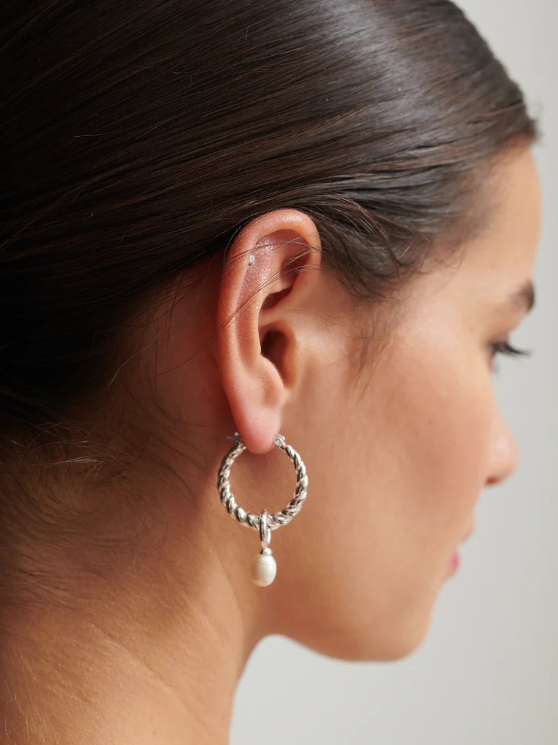 Twist Pearl Silver Hoop Earrings