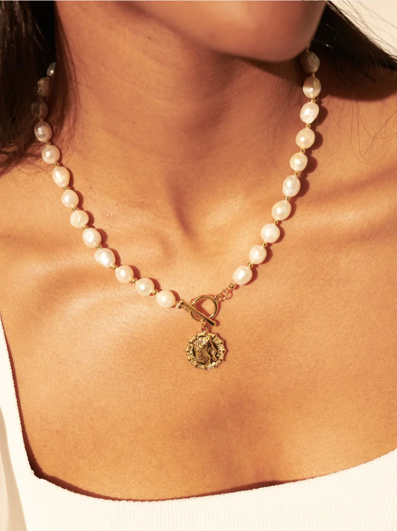 Pearl T-Bar Gold Plated Necklace