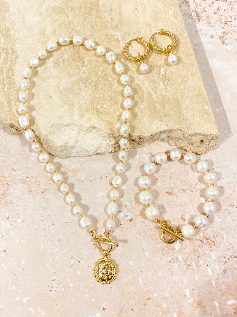 Pearl T-Bar Gold Plated Necklace