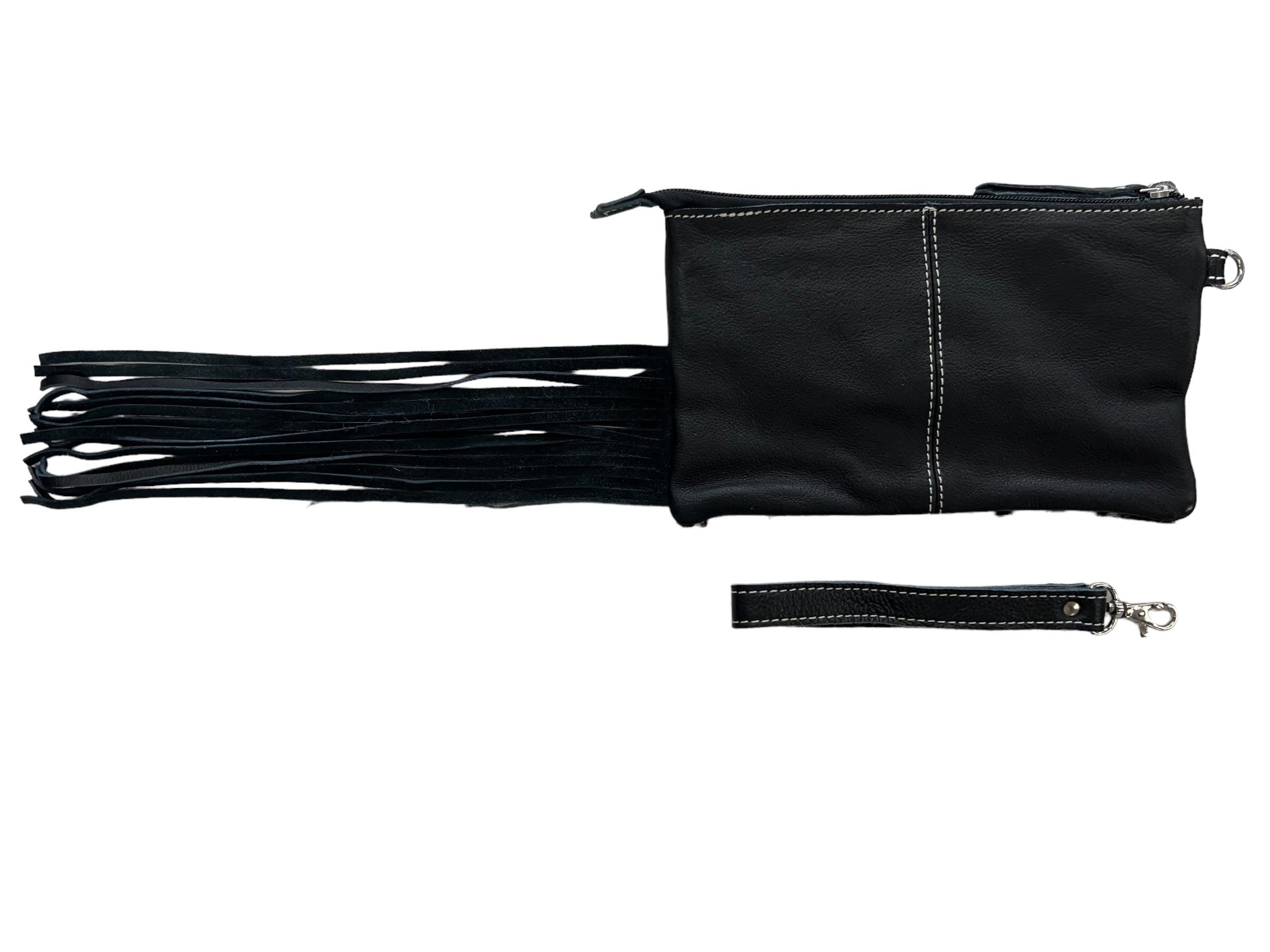 'Graman’ Cowhide Tooled Leather Tassel Clutch - Black