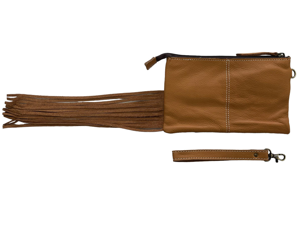 'Graman’ Cowhide Tooled Leather Tassel Clutch - Tan