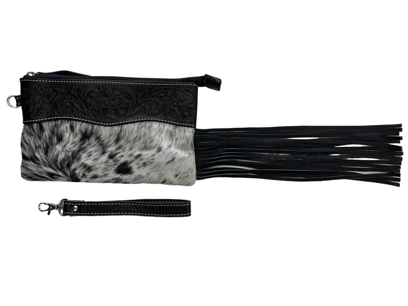 'Graman’ Cowhide Tooled Leather Tassel Clutch - Black