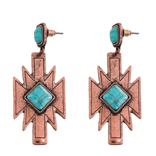 Copper Aztec Natural Turquoise Post Earrings