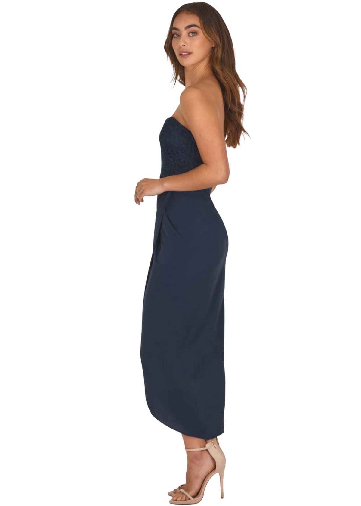 Lace Bodice Dress with Contrast Draped Hem