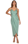 Satin Pleated Midi Dress with Drape Tulip Hem - Sage