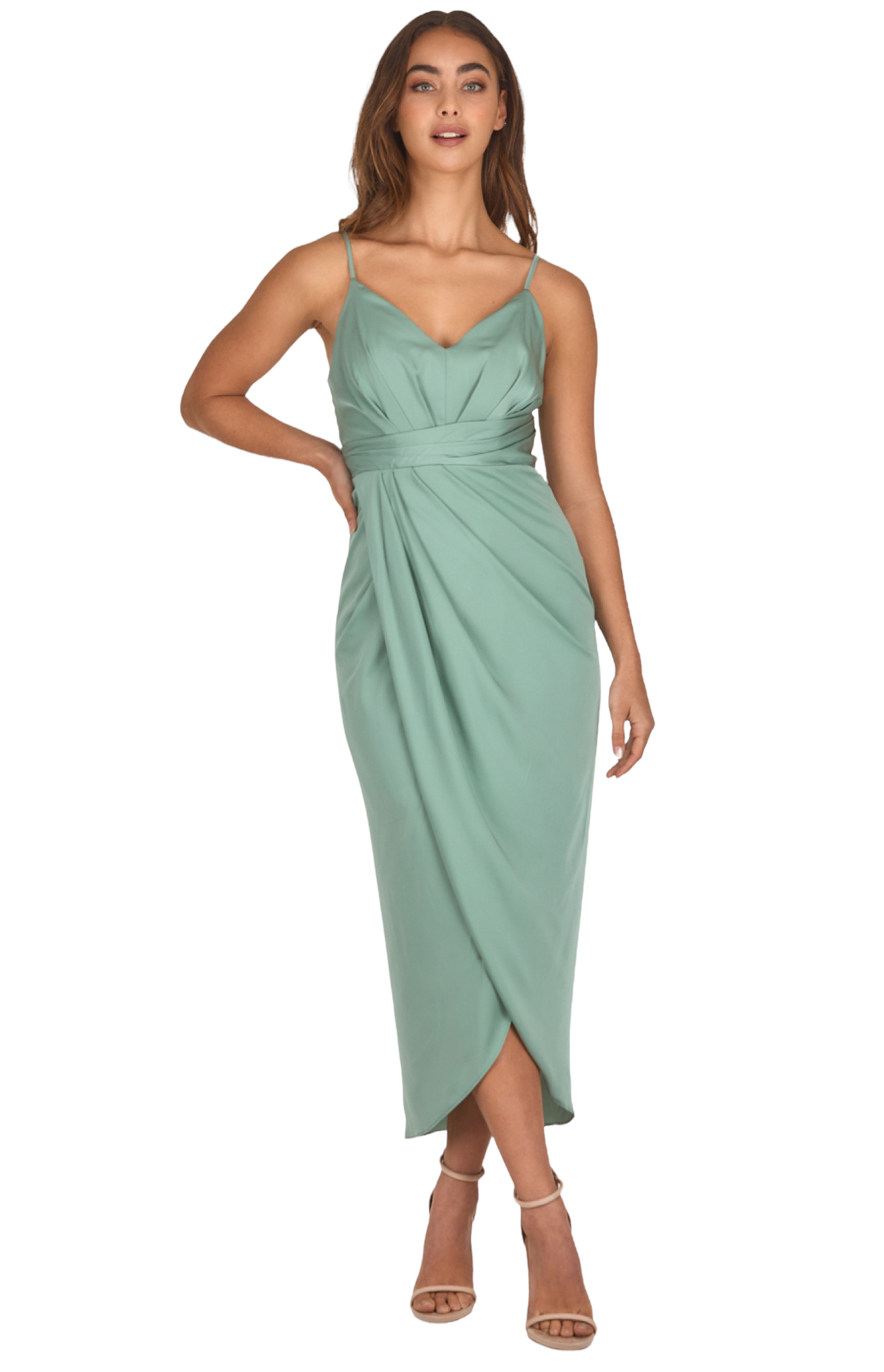 Satin Pleated Midi Dress with Drape Tulip Hem - Sage
