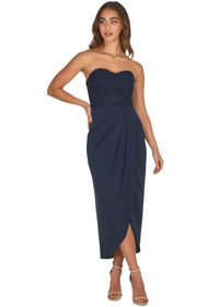 Lace Bodice Dress with Contrast Draped Hem