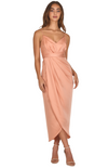 Satin Pleated Midi Dress with Drape Tulip Hem - Apricot