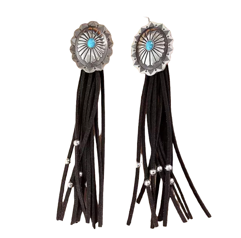 Black Leather Concho Tassel Earrings
