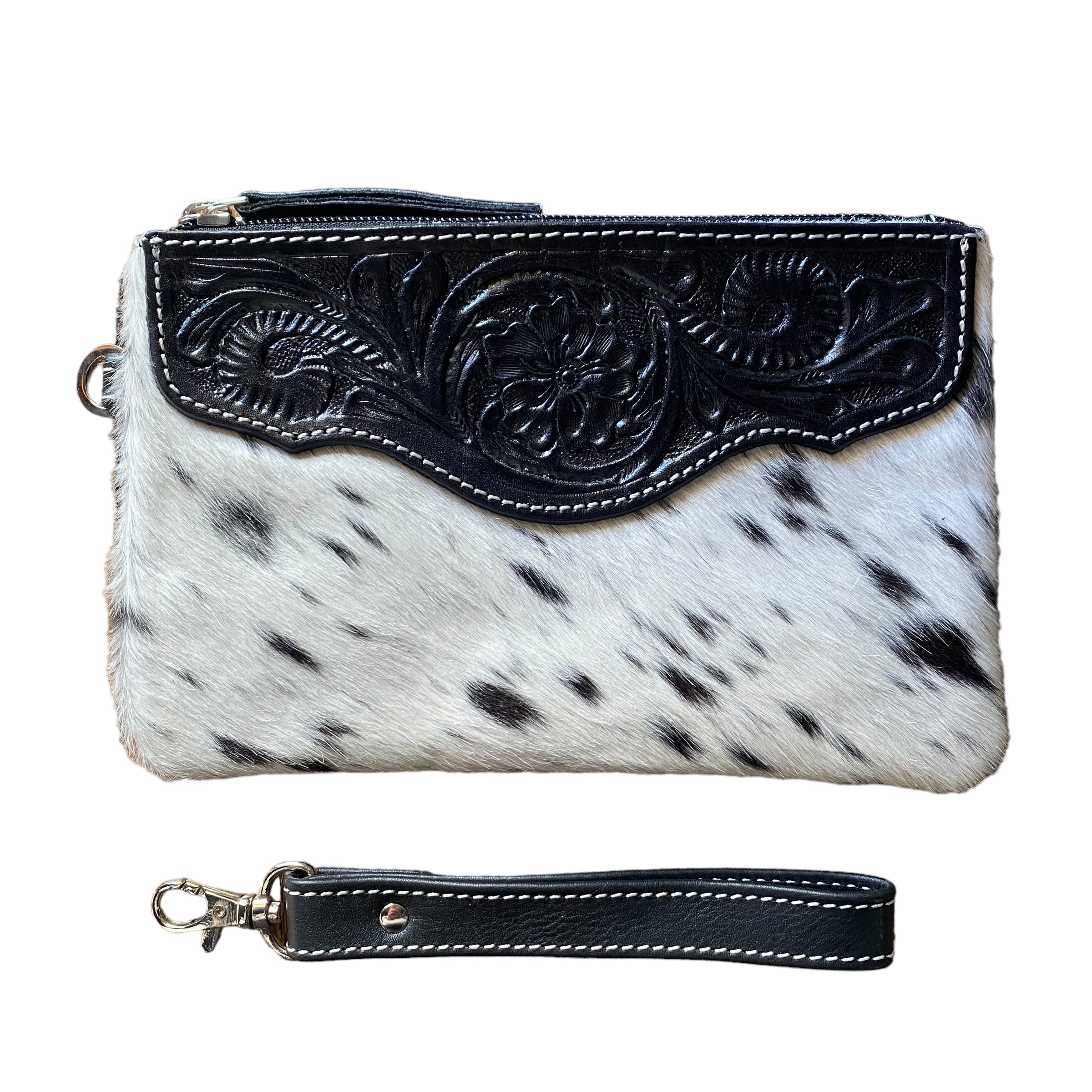 'Delungra' Tooled Leather Cowhide Clutch - Black