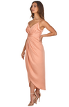 Satin Pleated Midi Dress with Drape Tulip Hem - Apricot