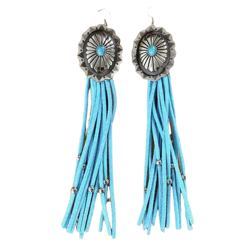 Turquoise Leather Concho Tassel Earrings