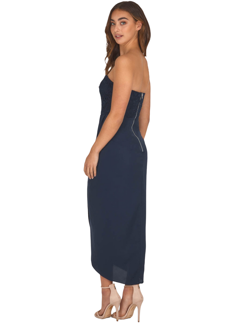 Lace Bodice Dress with Contrast Draped Hem