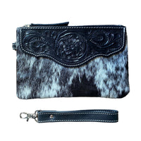 'Delungra' Tooled Leather Cowhide Clutch - Black