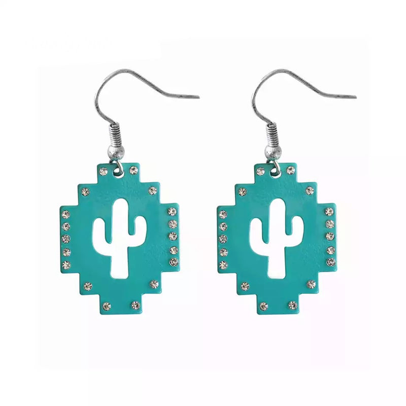 Turquoise Cactus Rhinestone Earrings