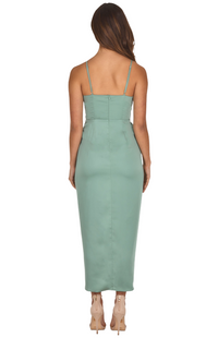 Satin Pleated Midi Dress with Drape Tulip Hem - Sage