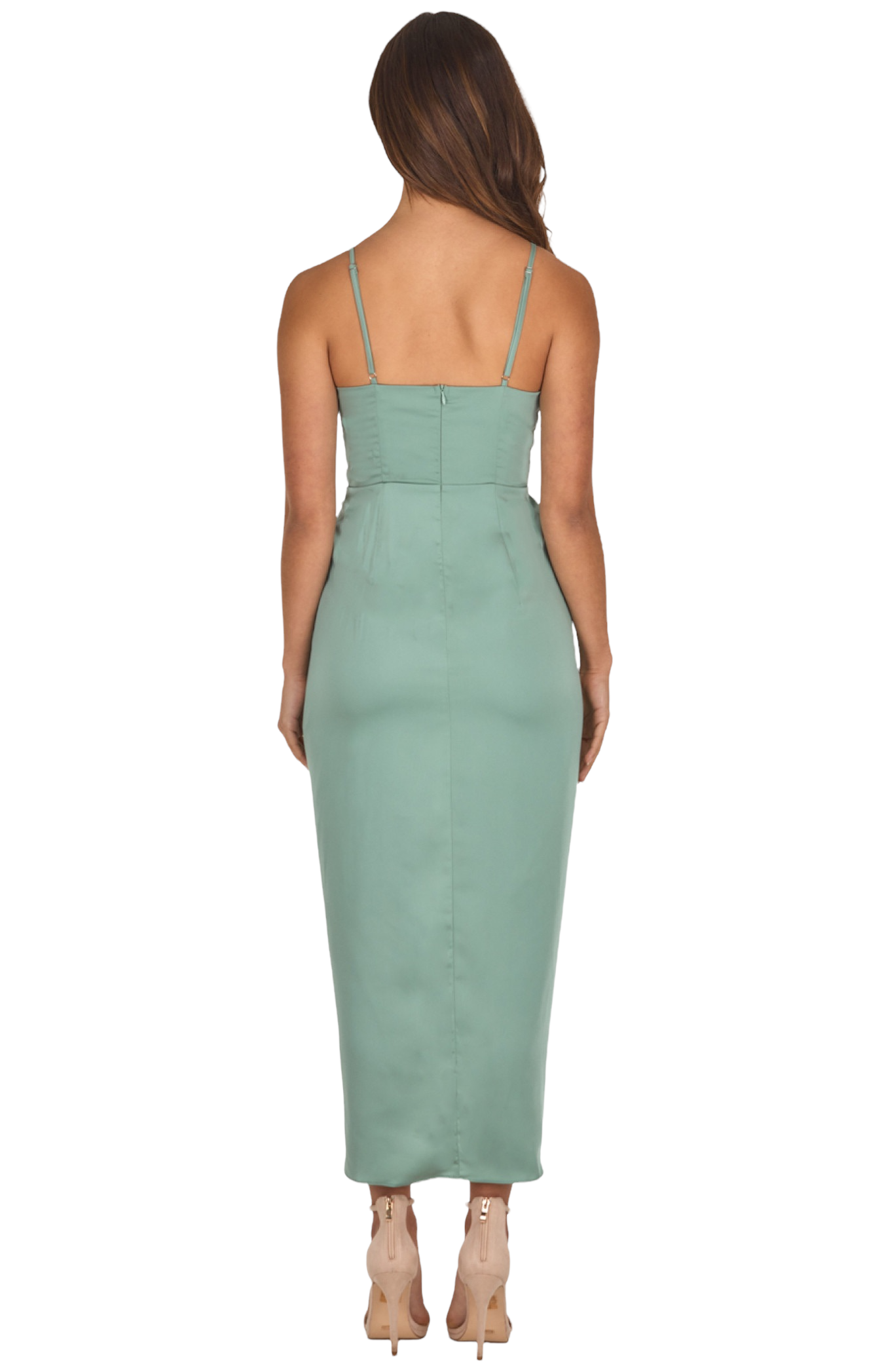 Satin Pleated Midi Dress with Drape Tulip Hem - Sage